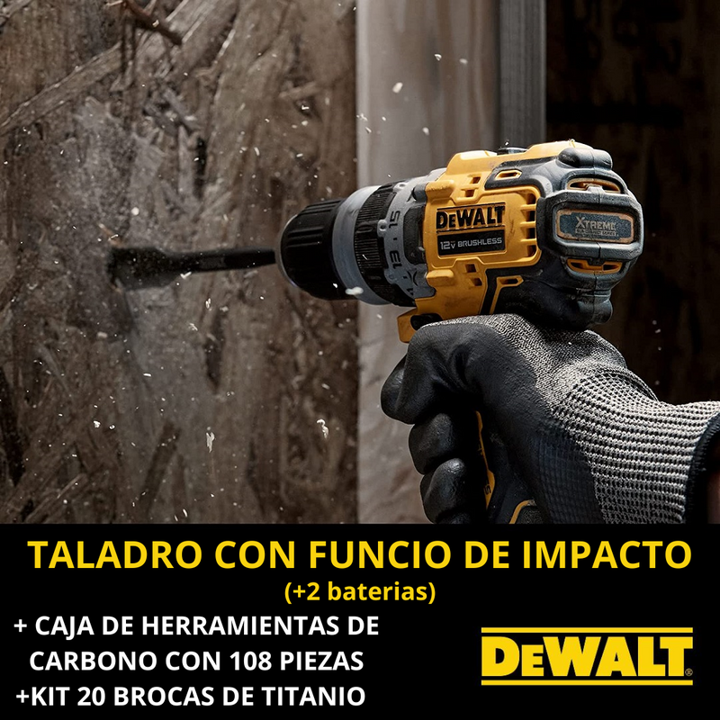 KIT DEWALT: TALADRO DE PERCUSION DE ALTO IMPACTO + CAJA DE HERRAMIENTAS CON 108 PIEZAS + 20 BROCAS DE TITANIO - CIERRE DE LA TIENDA - ENVÍO GRATIS