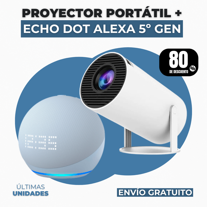 KIT ORIGINAL 2025: ALEXA ECHO DOT (5ª Generación) CON RELOJ + PROYECTOR PORTATIL 4K | QUEDAN 6 UNIDADES - CIERRE DE LA TIENDA - ENVÍO GRATIS