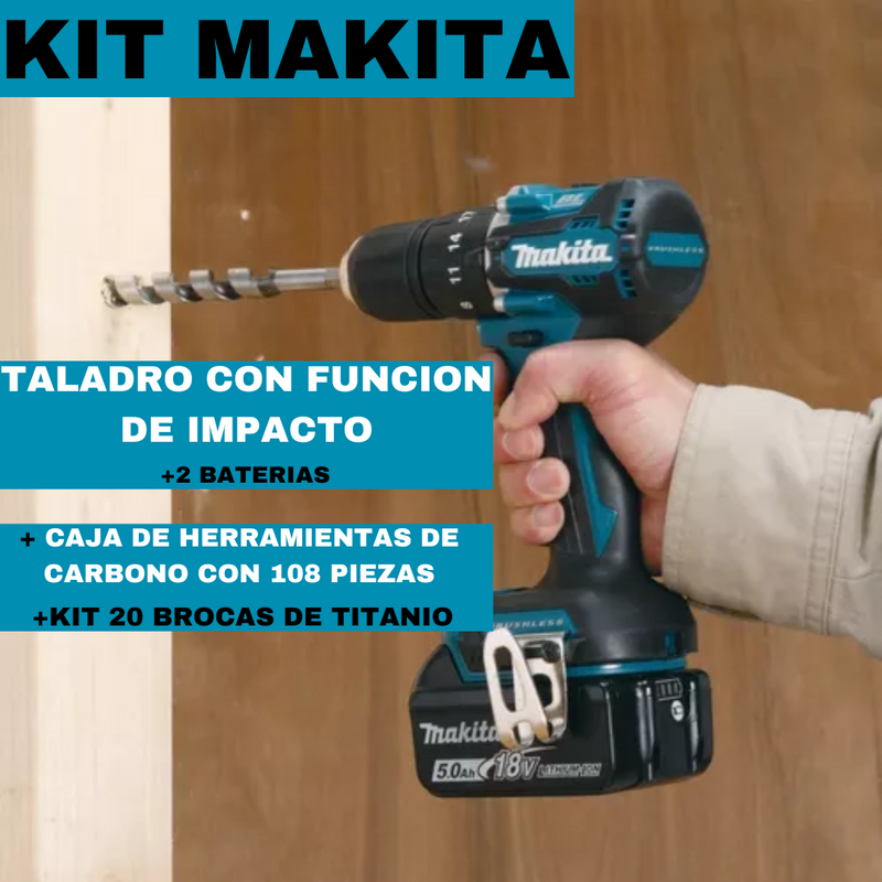 KIT MAKITA ORIGINAL: QUEDAN 6 UNIDADES TALADRO DE PERCUSION DE ALTO IMPACTO + CAJA DE HERRAMIENTAS CON 108 PIEZAS + 20 BROCAS DE TITANIO - CIERRE DE LA TIENDA