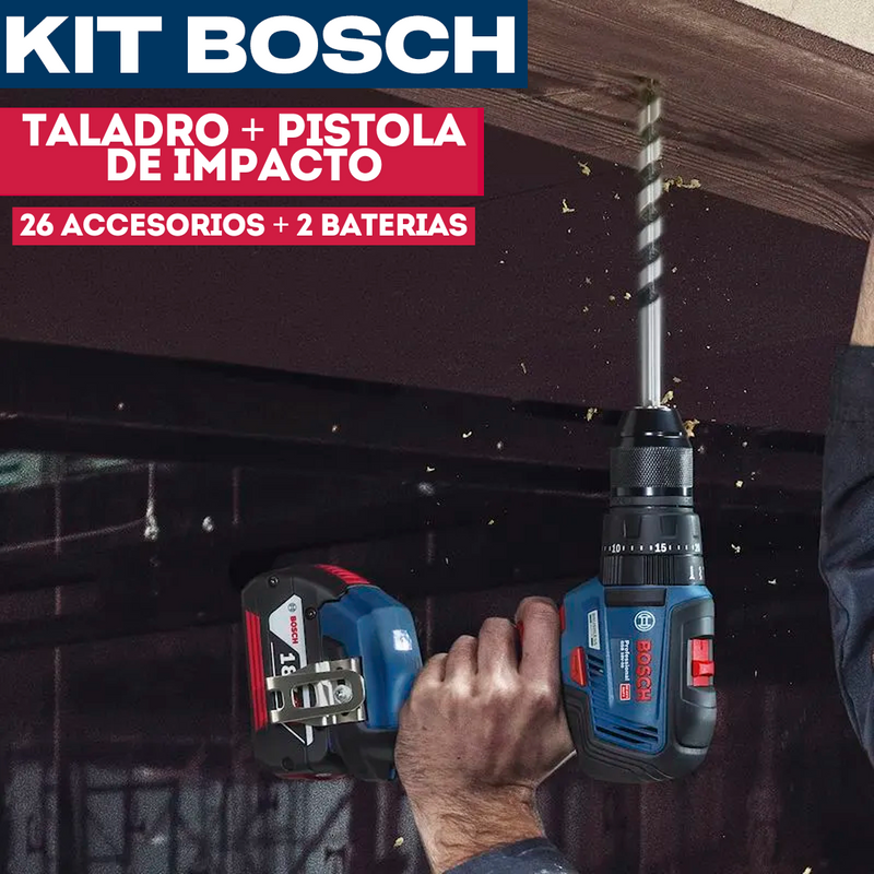 KIT BOSCH ORIGINAL: TALADRO INALÁMBRICO + PISTOLA DE IMPACTO + 26 ACCESORIOS + 2 BATERIAS - CIERRE DE LA TIENDA - ENVÍO GRATIS